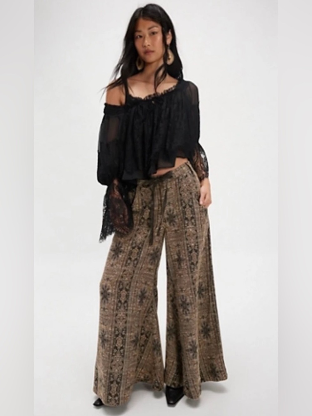 Free People Wide-Leg Dahlia Jacquard Linen- Cotton Print Pants Brown Size 8 NWT